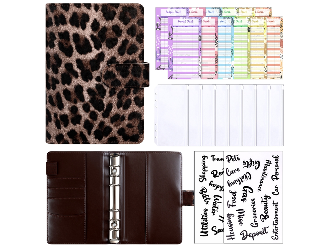 A6 Leopard Print Zipper Binder Notebook Cover Dark Brown, Includes 12-cash Budget Cards, 8-bill Envelopes, 2-english