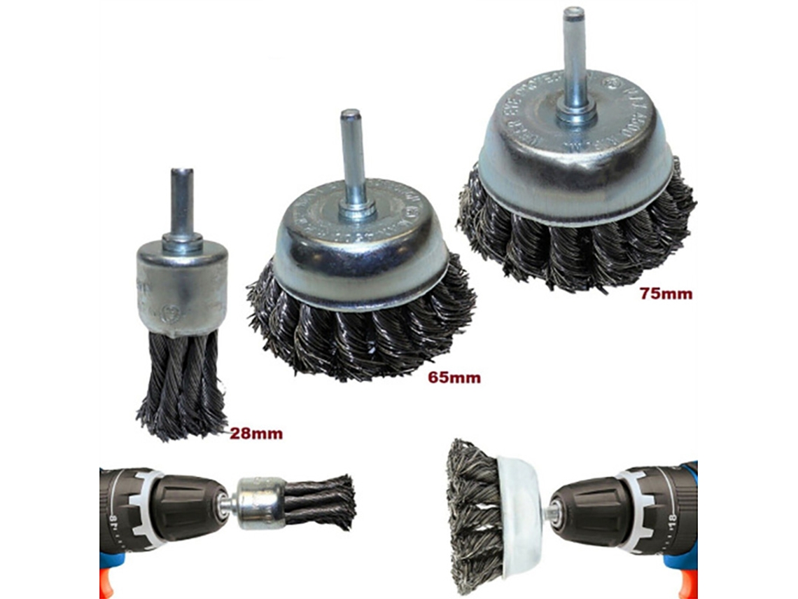 Kit De Escovas De Aço Para Furadeira, 3 Peças, Aço Carbono, Limpeza, Desbaste, Polimento, Remoção De Ferrugem