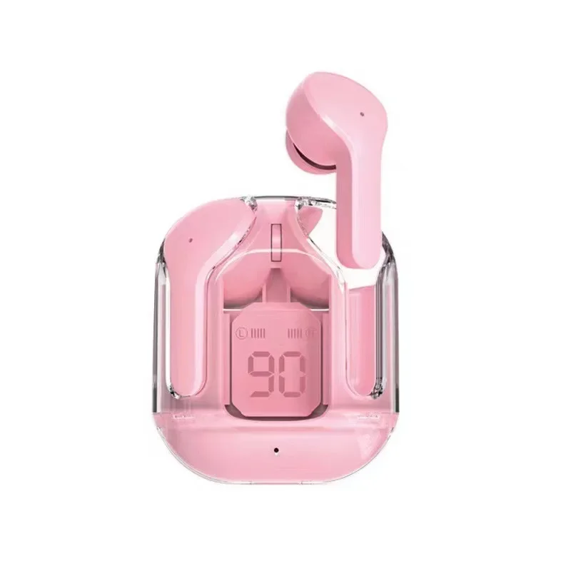 Fones De Ouvido Bluetooth Tws (na Cor Rosa), Com Cancelamento De Ruído Estéreo, Visor Digital E Estojo De Carregamento Transparente.