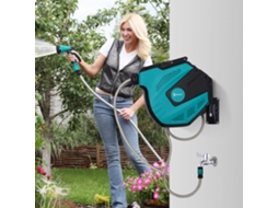 Carretel giratório automático de 180° para fixação na parede com mangueira de 15 + 1,5 m com bico de pulverização, preto e verde.