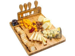 Tábua de Queijo de Bambu e Conjunto de Facas 35 x 28 cm – Tábua de Corte de Queijo de Madeira, Tabuleiro de Servir, Tábua de Charcutaria Conjunto de 4 Facas