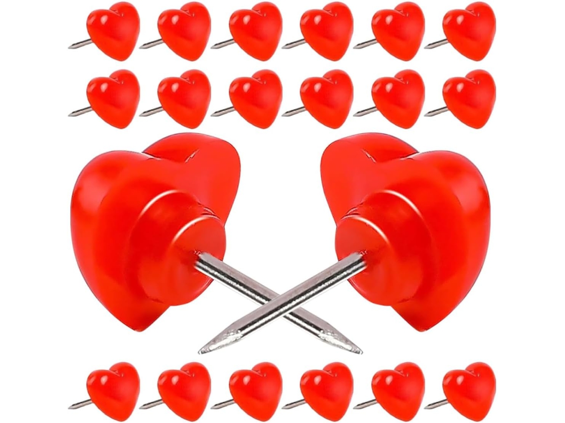 Pretyzoom 50 Tachinhas Decorativas em Aço Inox Vermelho Formato Coração para Quadros Cortiça, Escritório E