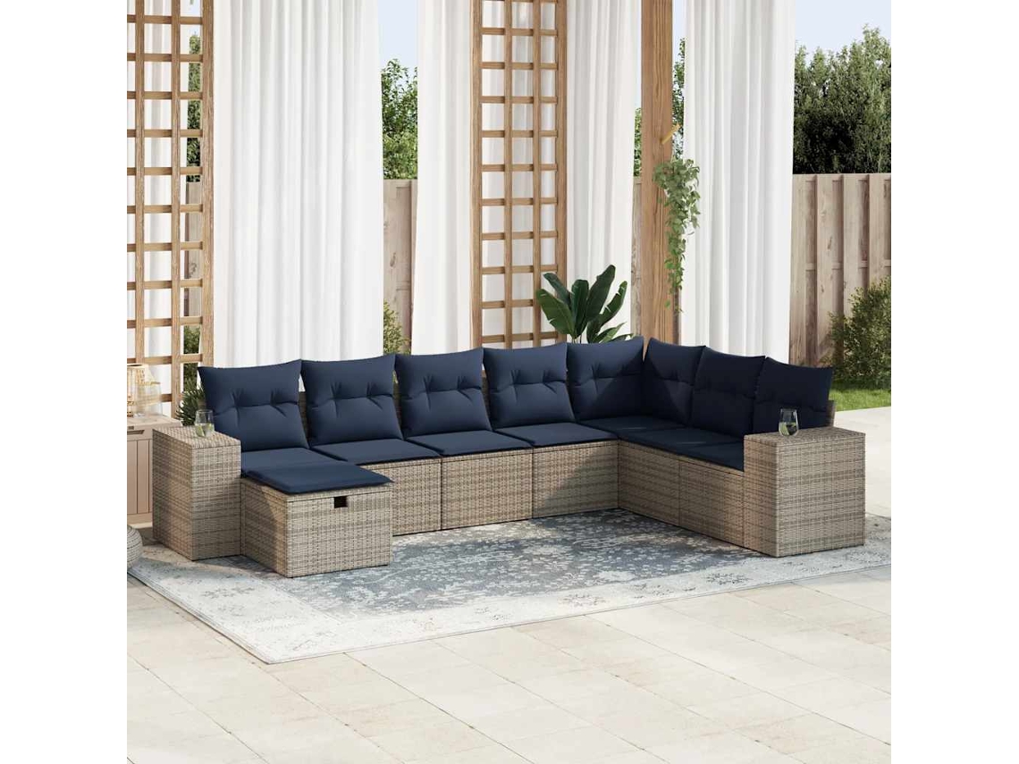 Vidaxl 8 Pcs Conjunto Sofás De Jardim C/ Almofadões Vime Pe Cinzento
