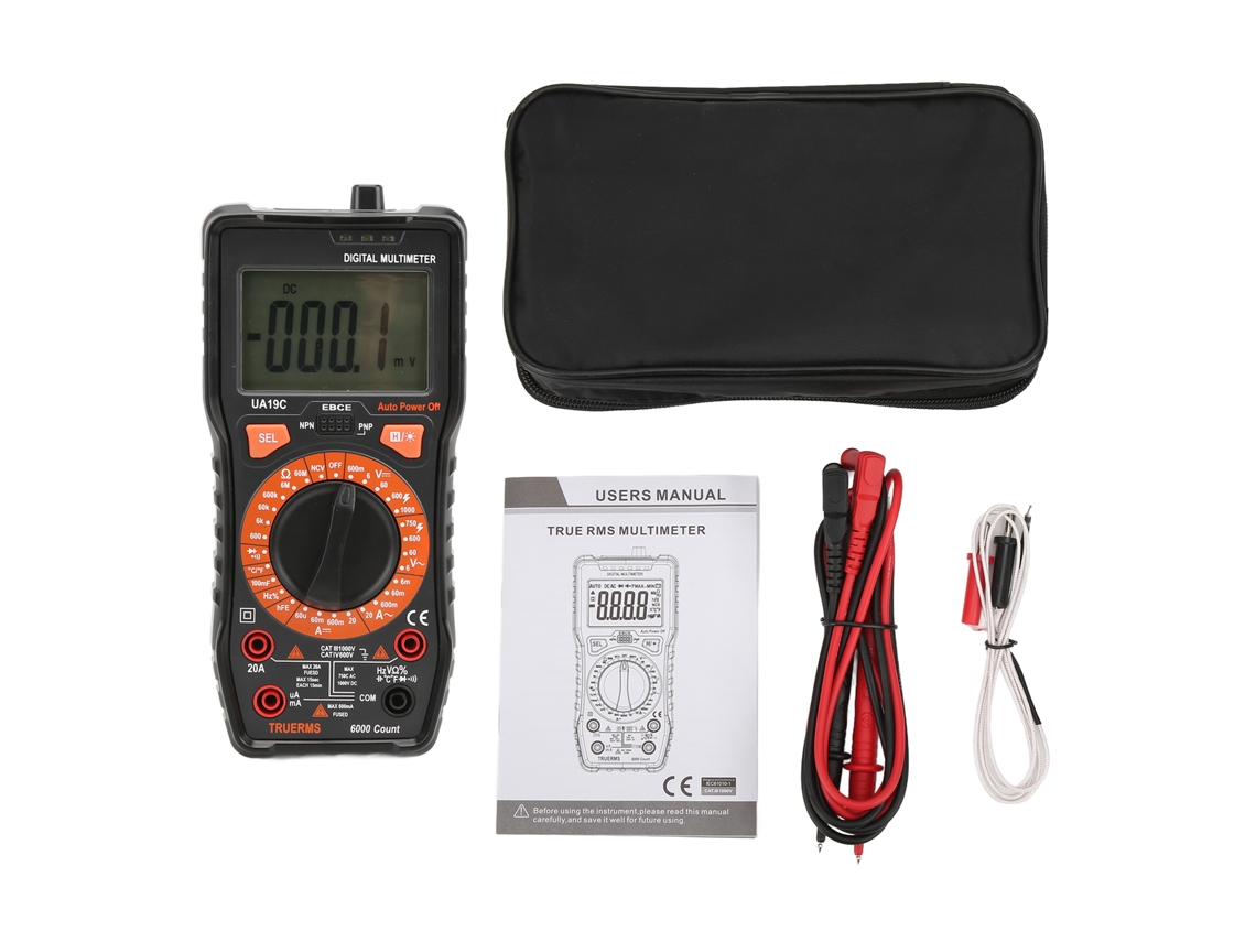 Multímetro digital YURU UA19C de 20A/1000V com LCD, NCV, luz de fundo e buzzer para testes elétricos domésticos e industriais