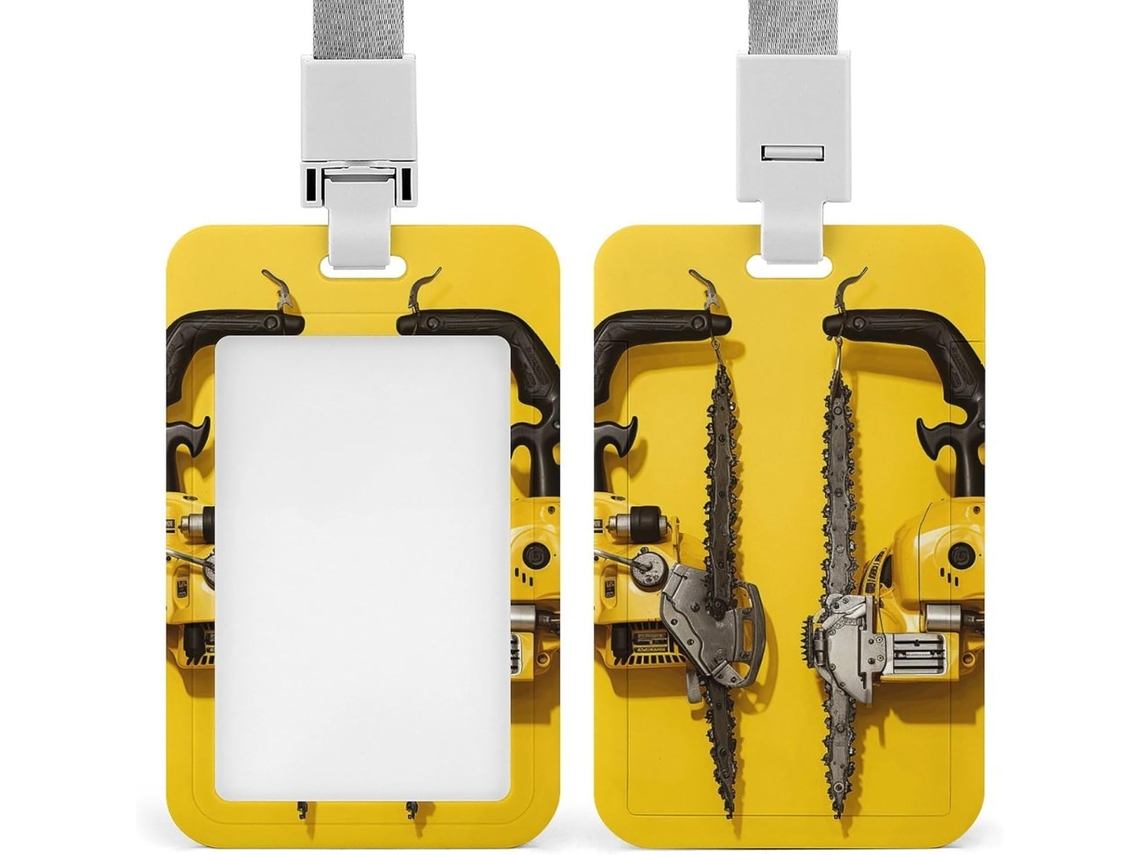 Porta-cartões de identificação amarelo com duas motosserras, resistente, plástico, para cartões de identificação.