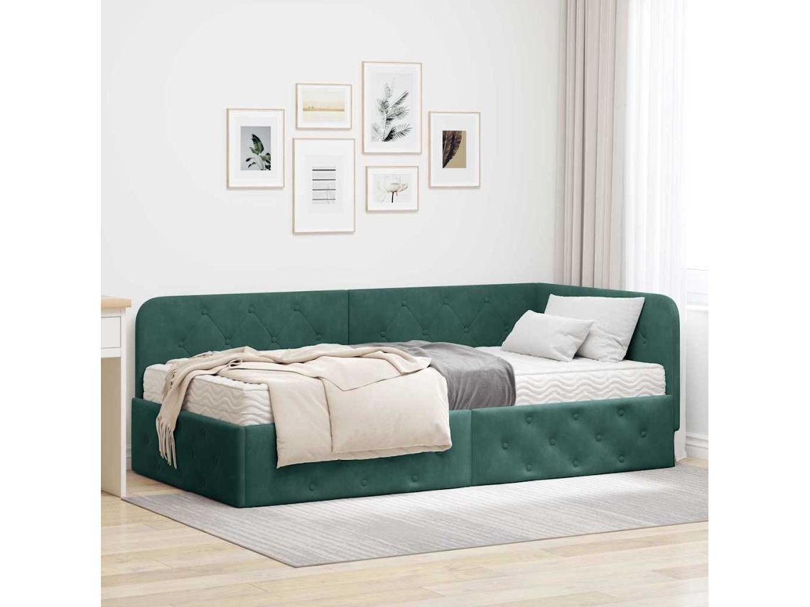 Vidaxl Estrutura De Cama De Canto Verde Escuro 90 X 190 Cm Veludo