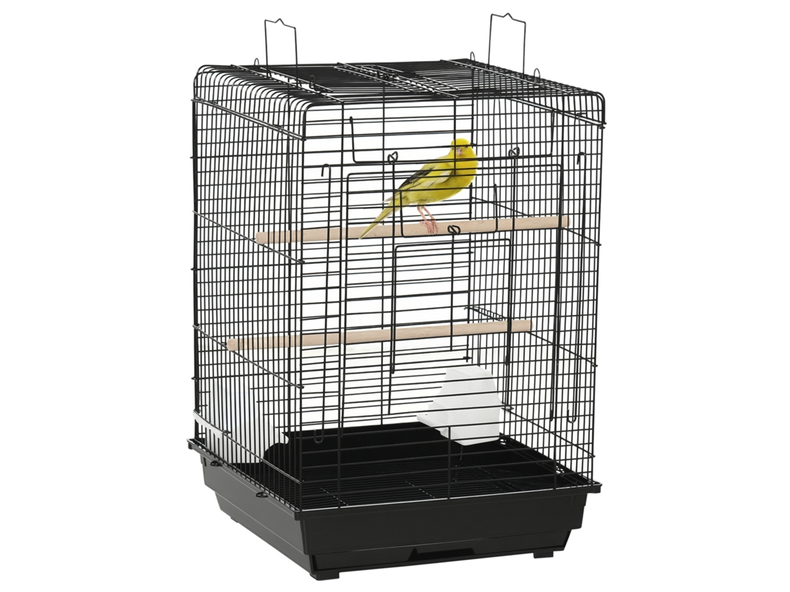 Gaiola de Pássaros Gaiola de 40x40x59 Cm com Telhado Dobrável, 2 Poleiros, 2 Comedouros e Bandeja Removível Preta Ge