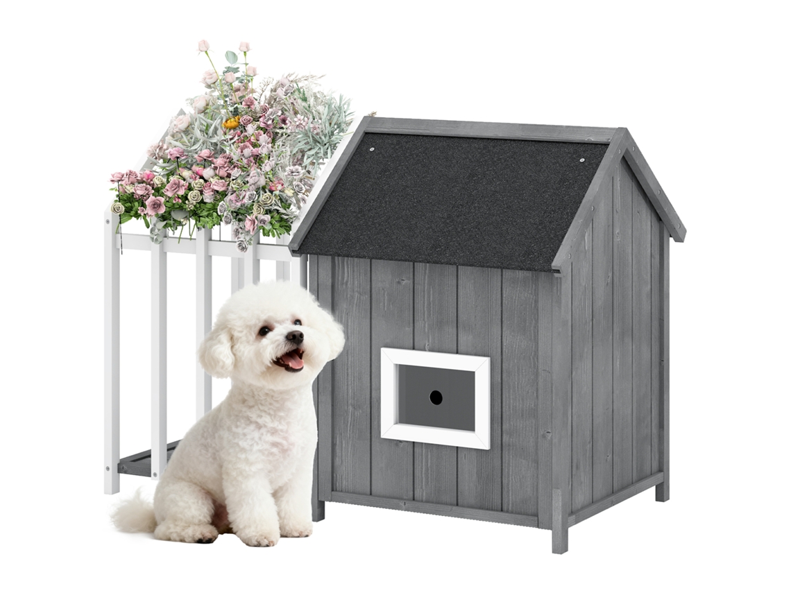 Casinha De De Madeira Para Exterior Com Terraço, Porta Ripada, 106 X 62,5 X 80,5 Cm, Cinza