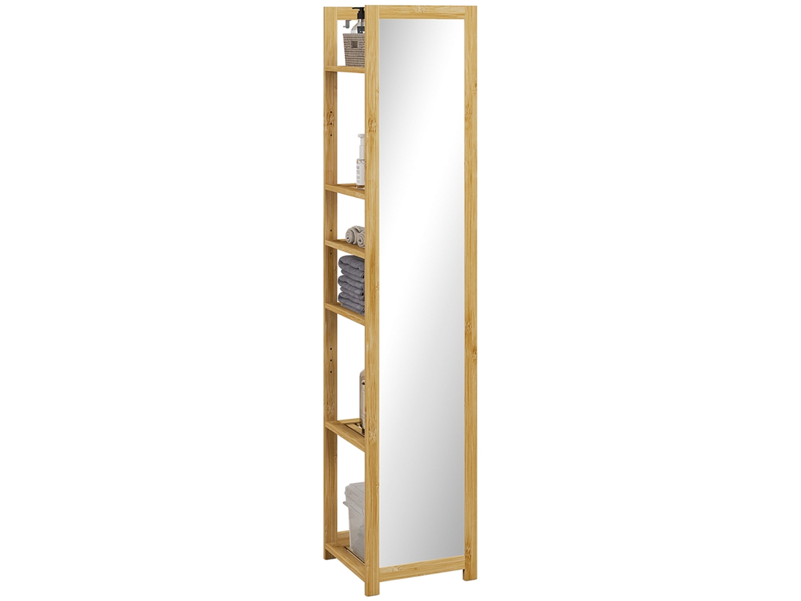 Armário De Banheiro Em Bambu Natural Com Espelho E 6 Prateleiras 35x35x168 Cm, Funcional E Sofisticado Para Decoração.