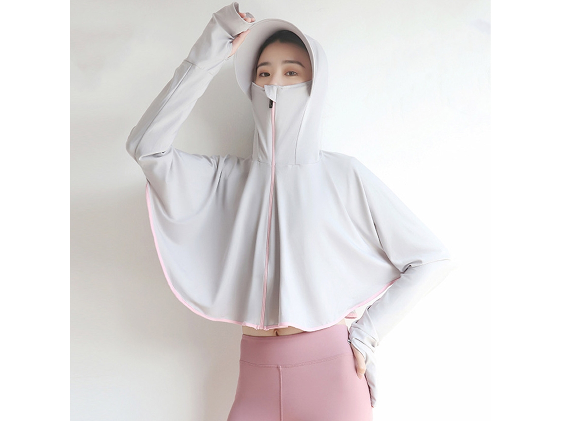 Chaqueta Com Capuz De Proteção Solar De Seda De Gelo Para Mulher Com Máscara E Buracos Para Polegadas Cinza