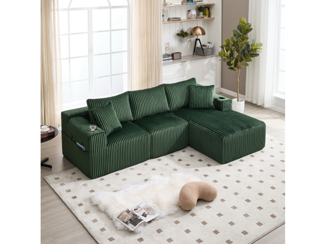 Sofá modular de 2 lugares + chaise, estofado em veludo, 5 almofadas, bolsas laterais e porta-copos, espuma de alta densidade, montagem personalizável.