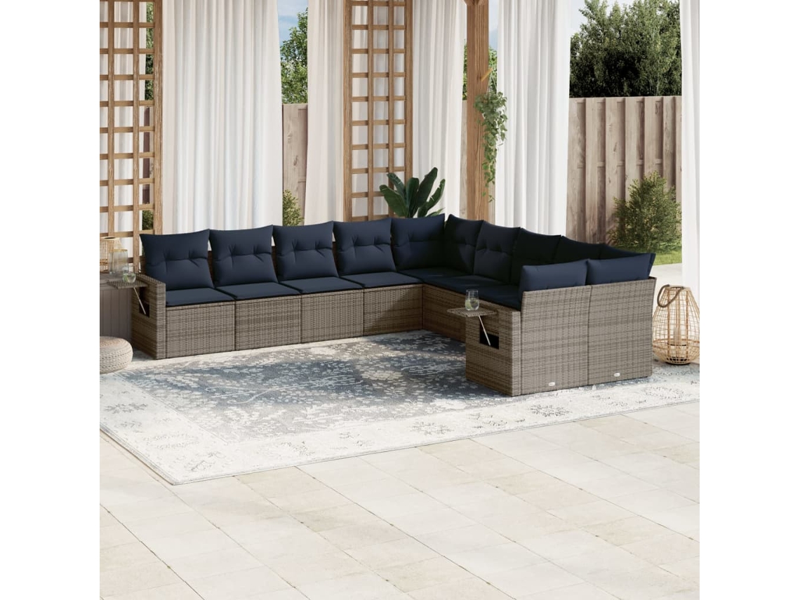 Conjunto de Sofá de Jardim com 9 Peças e Almofadas em Rattan Sintético Cinza VIDAXL