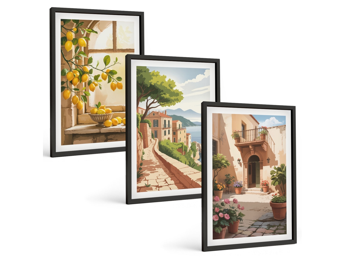 Conjunto De Pinturas Frutas Cítricas Na Cozinha, Mar, Cidade Moldura Preta Imagens Para Um Quarto Infantil Espelharte (3 Piezas De 40x60 Cm)