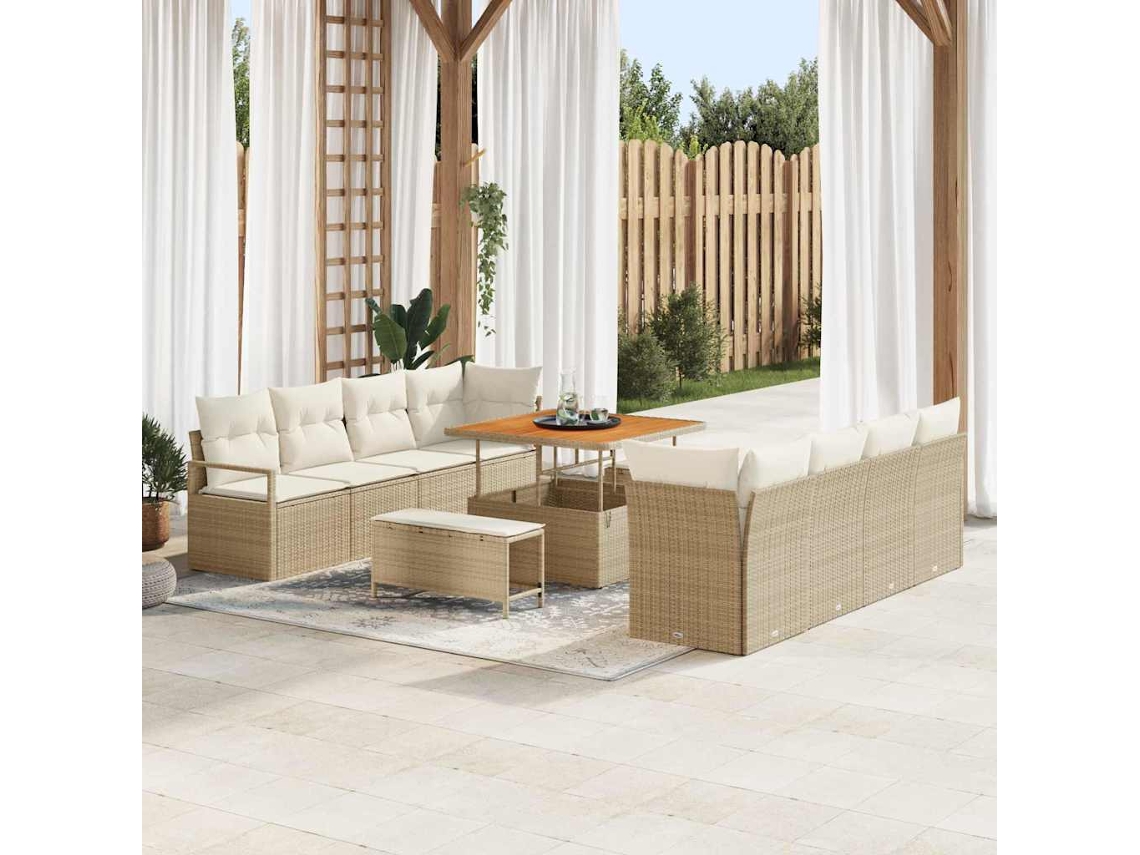Vidaxl Conjunto De Sofá De Jardim Com Almofada 11 Pcs Bege Vime Pe