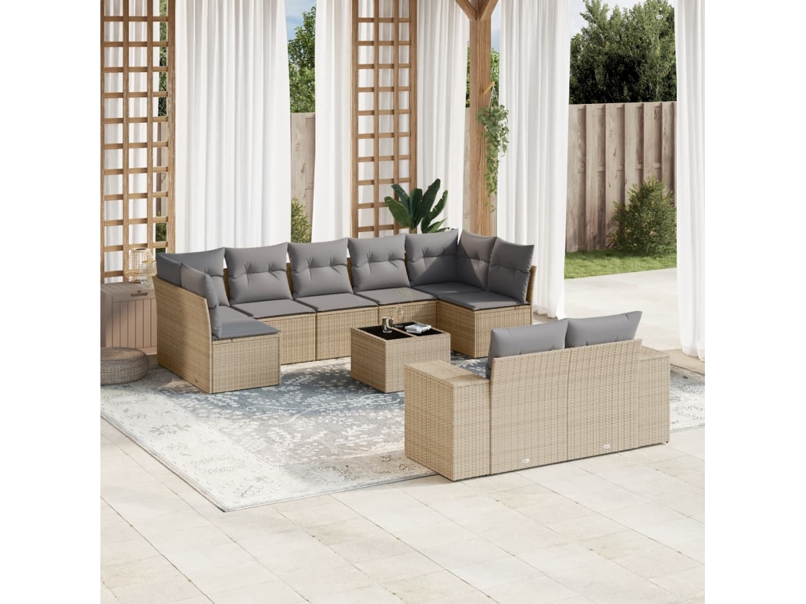 Vidaxl 10 Pcs Conjunto de Sofás P/ Jardim com Almofadões Vime Pe Bege