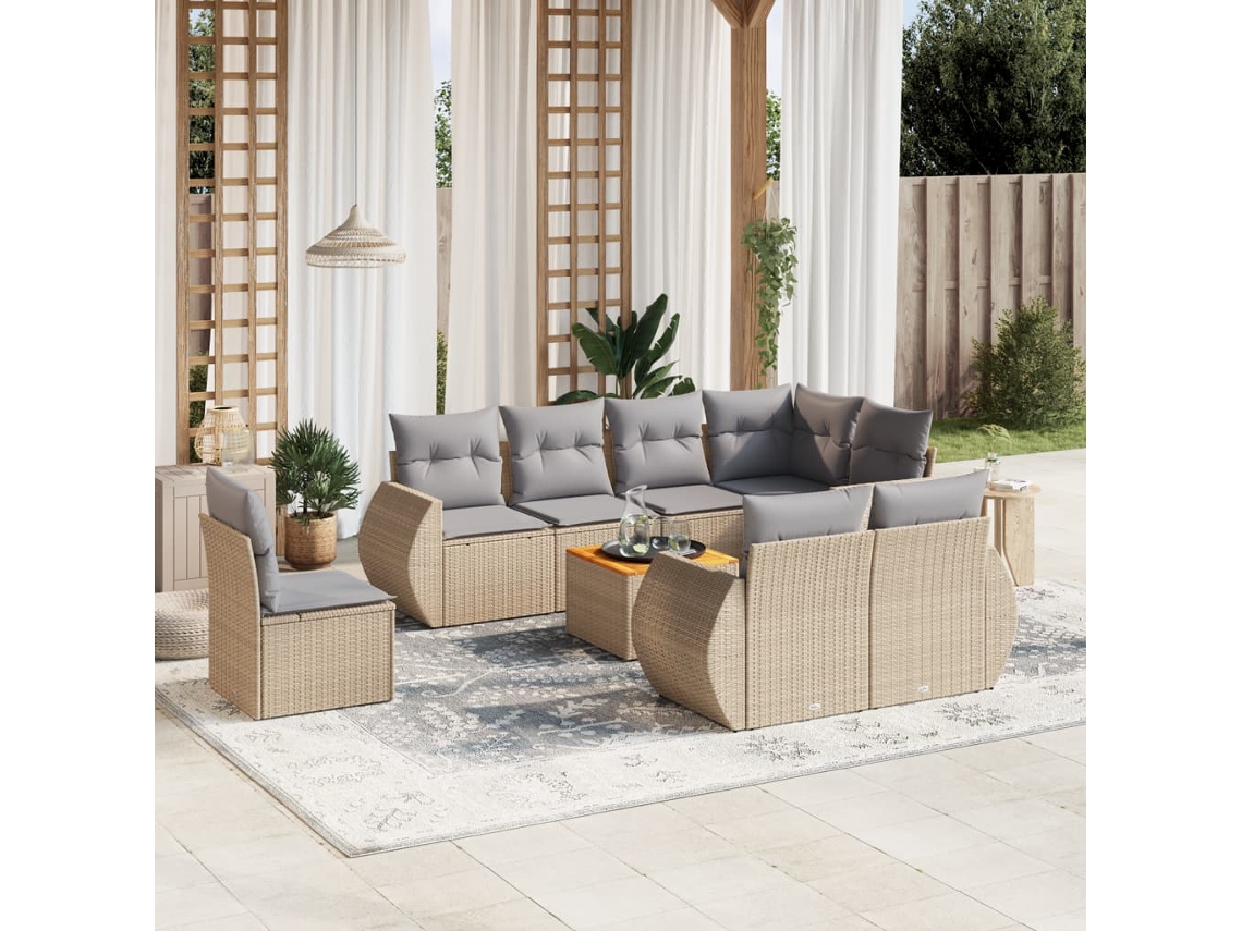 9 Pcs Conjunto De Sofás P/ Jardim Com Almofadões Vime Pe Bege Dkd Home Decor