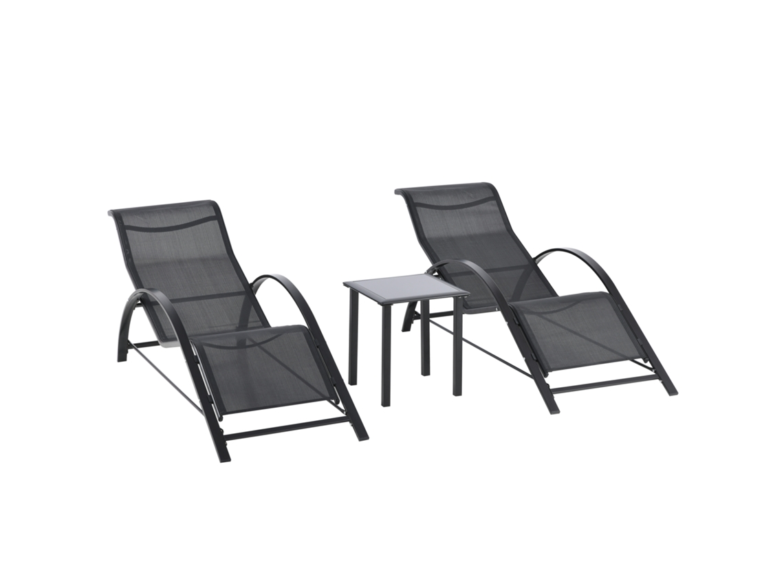 Conjunto de 2 Espreguiçadeiras de Jardim Metal, Textilene, Vidro Cor Preto 59x169x66 cm Outsunny
