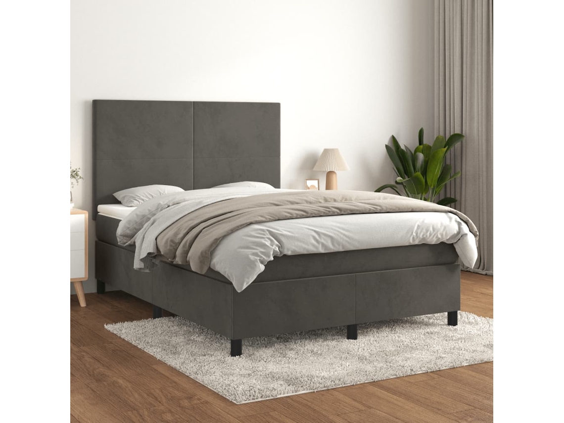 Cama Com Molas/colchão 140x190 Cm Veludo Cinzento-escuro