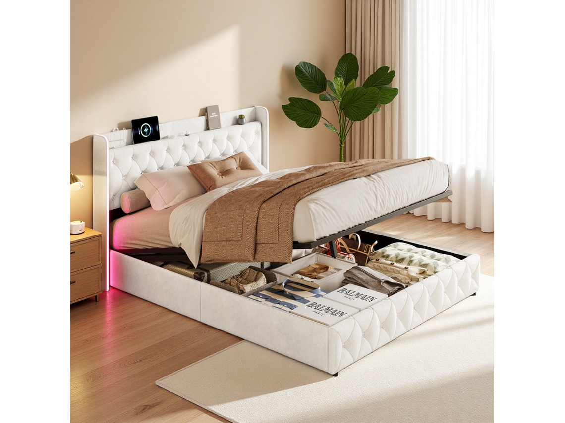 Cama De Casal 140x200 Em Veludo Bege Com Box Baú, Luz Led Rvb, Usb, Flutuante, Luxo Francês, Ideal Pequeno Apartamento