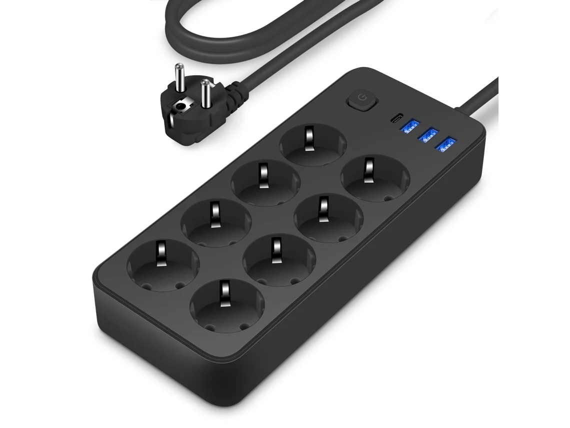 Regleta 8 Plugues com Proteção de Sobretensões, Interruptor, 1 Usb c + 3 Usb a ZYBLSSBB