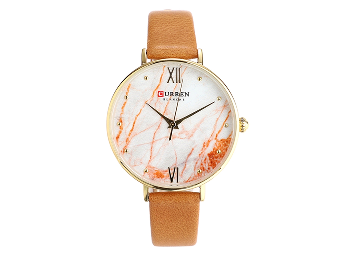 Relógio Analógico de Quartzo Feminino com Pulseira de Couro Caixa Ouro Laranja