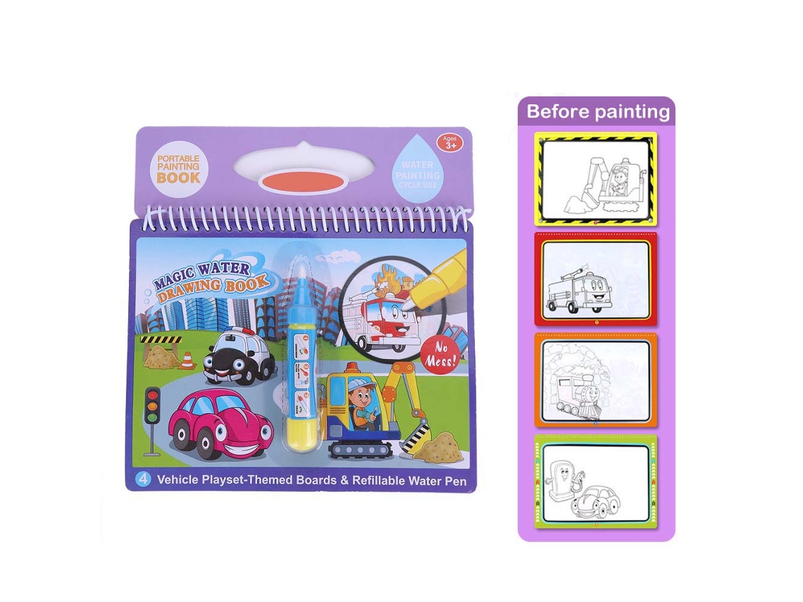 Livro de pintura com água e lápis para meninos e meninas - Brinquedo educativo - Presente - Veículos