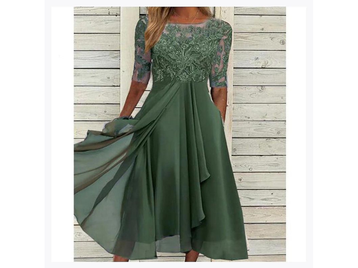 Vestido Midi De Encajes Mangas Cortas Para Fiesta Casual Y Ocasiones Especiales Como Bodas L Verde