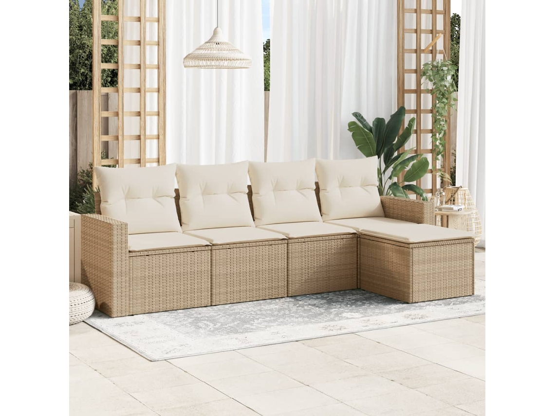 Vidaxl 5 Pcs Conjunto De Sofás P/ Jardim Com Almofadões Vime Pe Bege