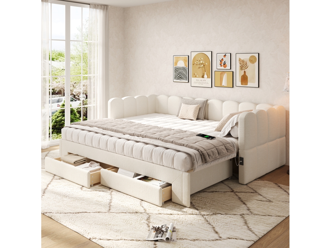 Sofá cama Linho Bege 90x200 Extensível 180cm Gavetas Usb