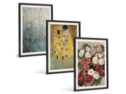 Composição De Quadros Na Parede Flores, Árvores, Pintura, Klimt Moldura Preta Quadros Para A Sala De Estar Espelharte (3 Piezas De 40x60 Cm)
