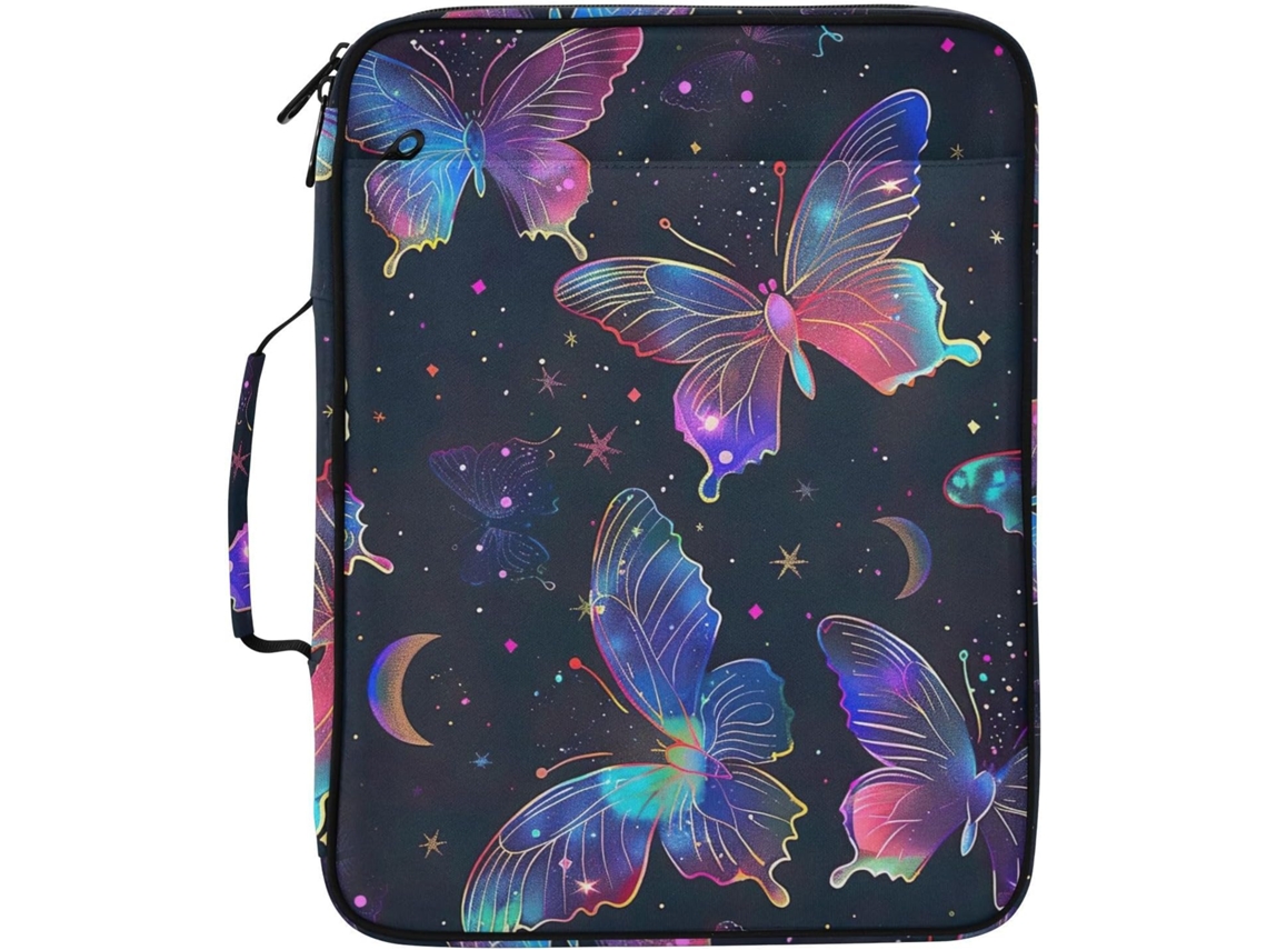Pasta Organizadora Expansível Com 3 Argolas, Estampa De Borboleta Neon, Com Compartimentos Sanfonados E Porta Lápis