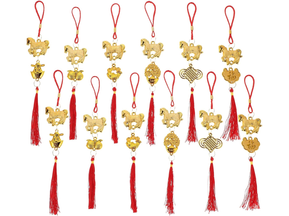 Conjunto 12 Pingentes Cavalo Chinês Decoração 2026 Feitos Plástico Poliéster Ornamento Elegante Estar Quarto GOKOCO