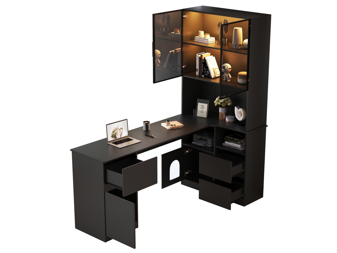 Mesa de Canto com Prateleira e Vitrine Led 120x80x180 Cm,sistema de Gerenciamento de Cabos,3 Gavetas e Compartimentos Abertos PAPRIKA