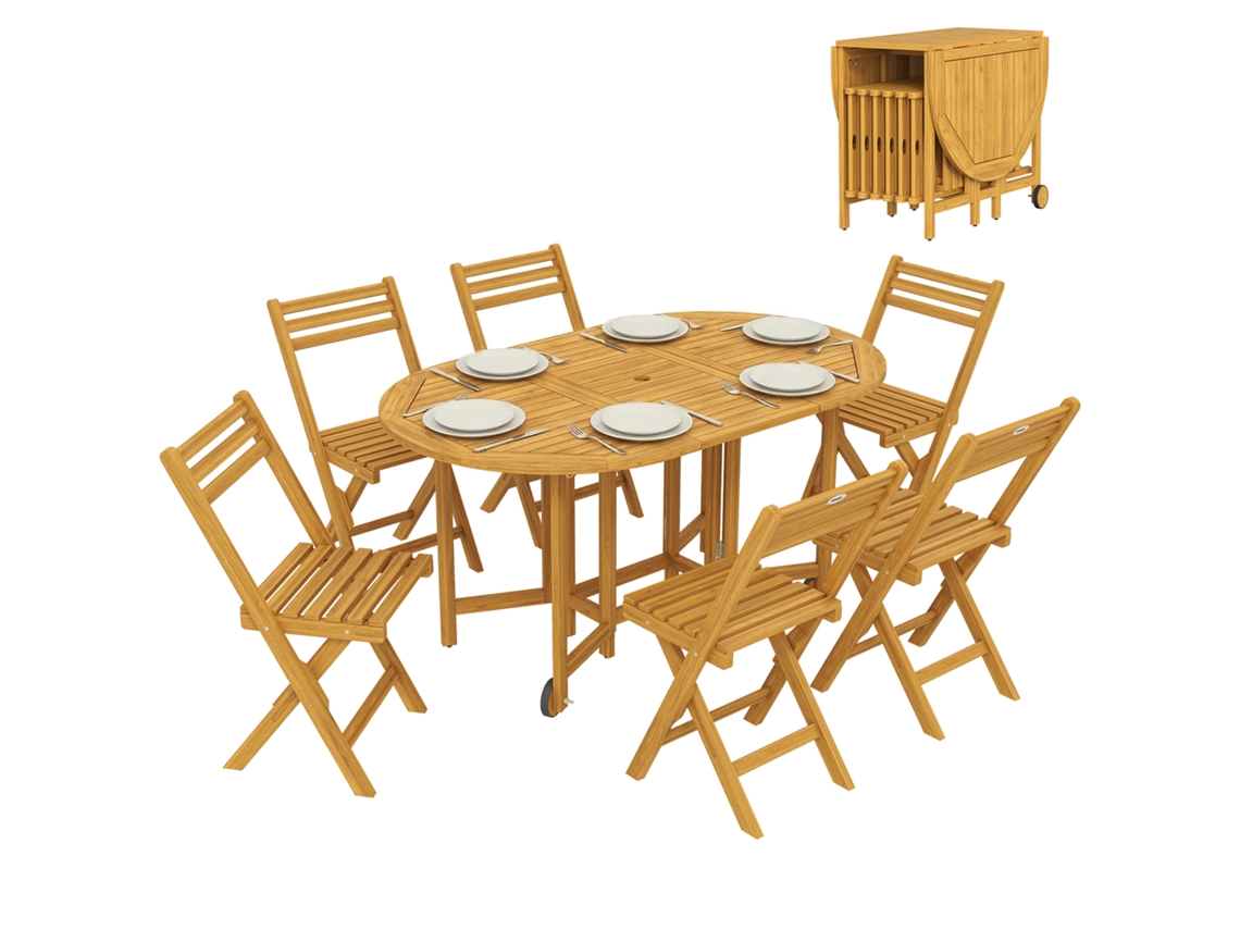 Conjunto de Almoço 7 Peças (mesa Extensível em Madeira, 6 Cadeiras Dobráveis)