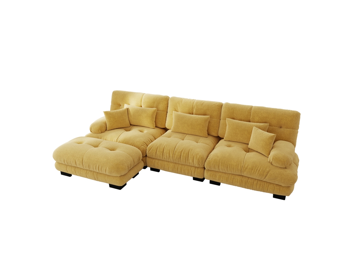 Sofá modular luxuoso em L - Sofá grande estilo nuvem para sala de estar, sofá-cama profundo com pufe, chenille amarelo