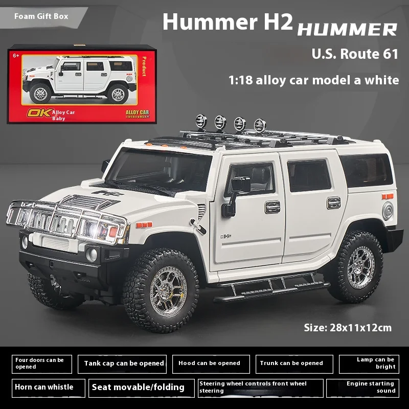 (branco) Grande Modelo Em Metal Fundido De Veículo Off-road H2 Em Liga Metálica, Escala 1:18