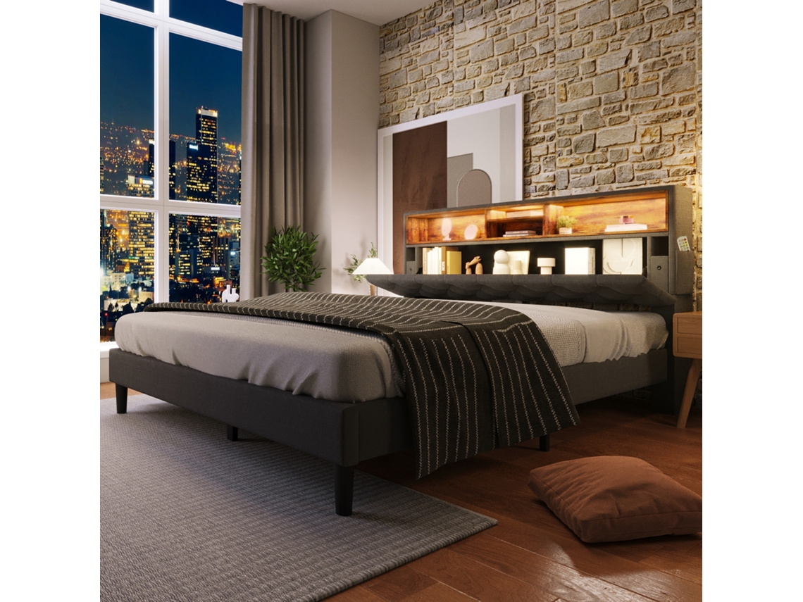 Cama Casal Trançada ZIWEI STORE com Cabeceira com Arrumação e Iluminação Led Cinza sem Colchão (140x200 cm)
