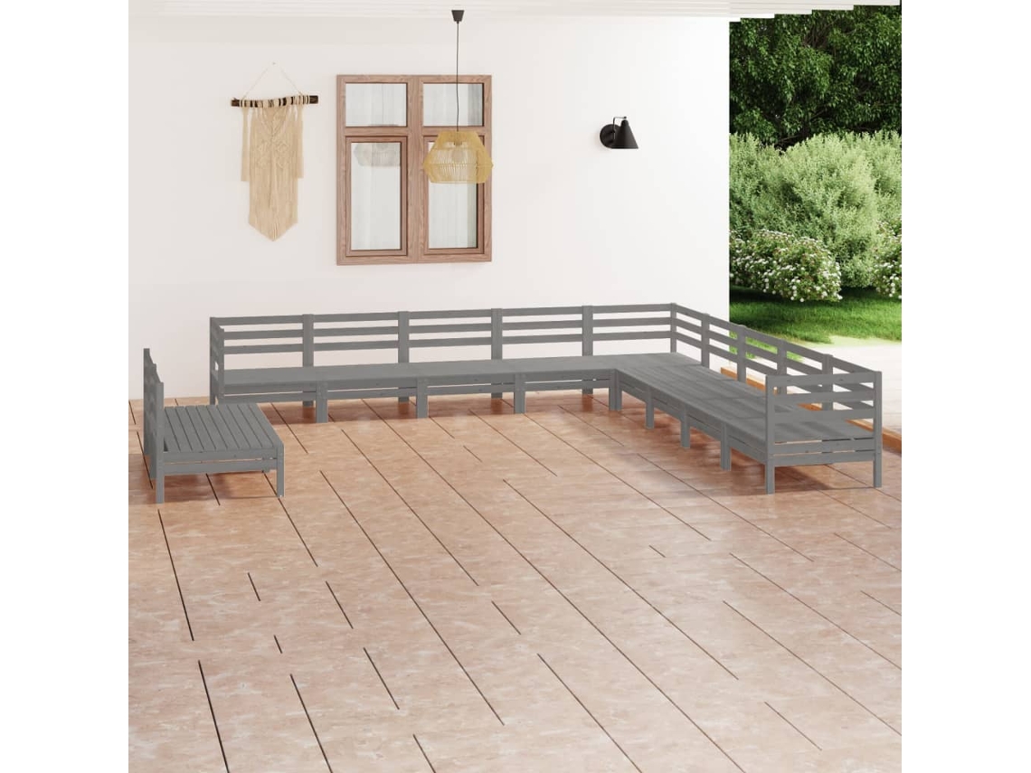 11 Pcs Conjunto Lounge De Jardim Pinho Maciço Cinzento Dkd Home Decor