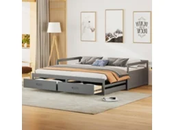 Sofá Cama Retrátil 90/180x200cm Cinza Com Gavetas E Prateleiras De Pinho