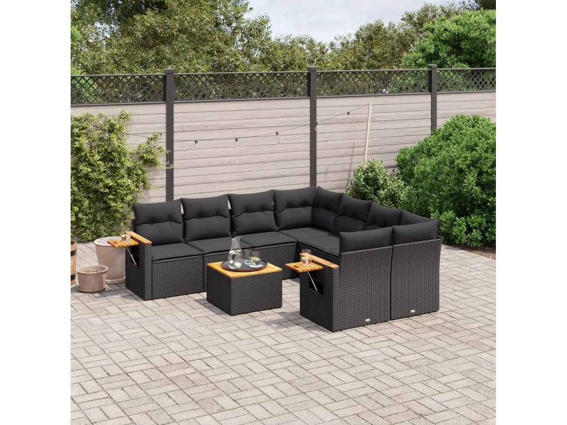 Vidaxl 9 Pcs Conjunto De Sofás P/ Jardim C/ Almofadões Vime Pe Preto