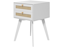Mesa Cabeceira Branca Boho 40x40x60 Cm (2 Gavetas, Vime, Decoração)