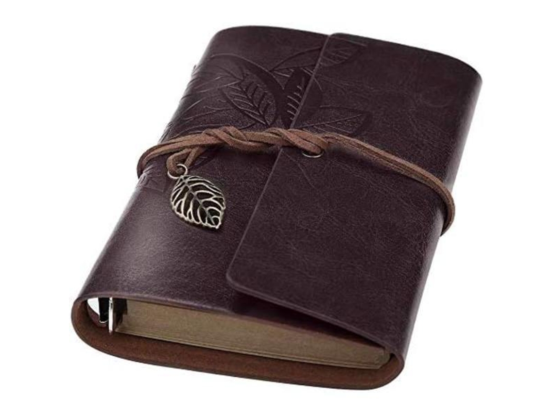Cuaderno con cubierta de cuero sintético y colgante de hoja retro, ideal para escribir con hojas sueltas (marrón café, A7 (5 pulgadas)) - aquaforge
