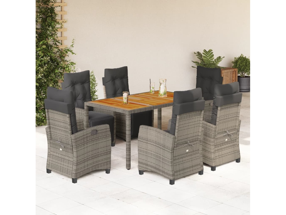 Vidaxl 7 Pcs Conjunto De Jantar P/ Jardim C/ Almofadões Vime Pe Cinza