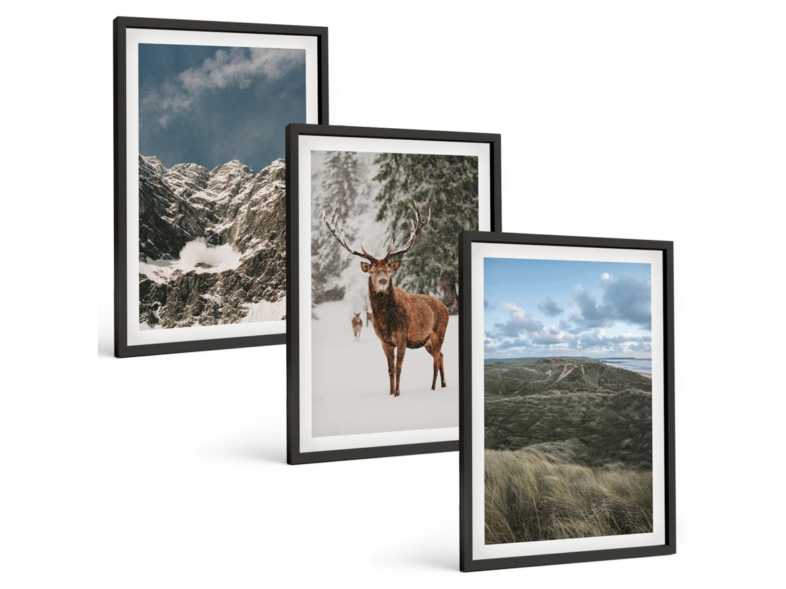 Conjunto De Pinturas Montanhas, Neve, Veado, Paisagem De Floresta Espelharte (3 Peças 40x60 Cm)