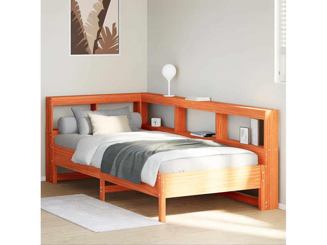 Cama Com Estante Sem Colchão 90x190cm Pinho Maciço Castanho-mel