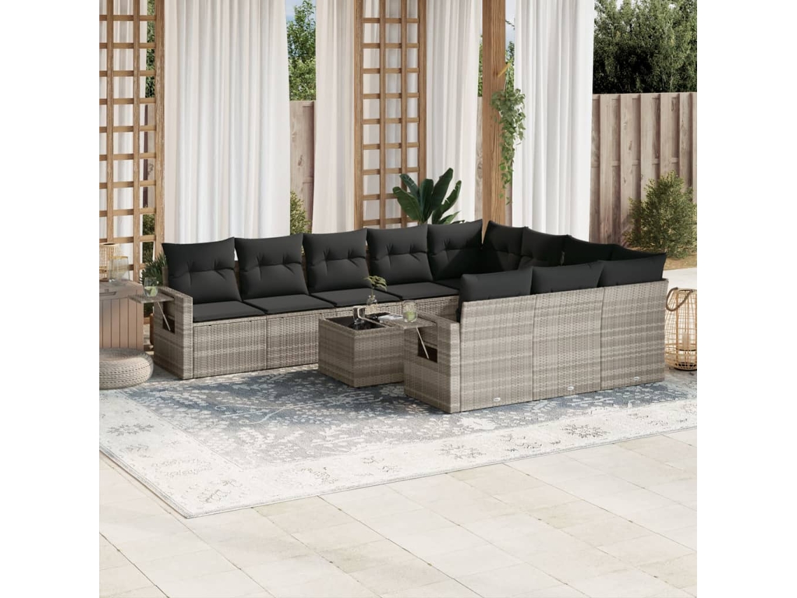 Vidaxl 11 Pcs Conjunto Sofás De Jardim C/ Almofadões Vime Pe Cinzento
