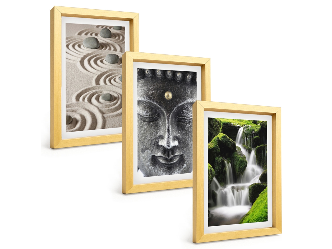 Quadros Decorativos Para Paredepaz, Pedras, Cachoeira, Buda, Zen Moldura Dourada Quadros Para O Escritório Espelharte (3 Peças 20x30 Cm)
