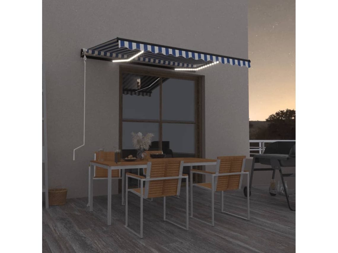 Vidaxl Toldo Automático Led E Sensor De Vento 300x250 Cm Azul E Branco