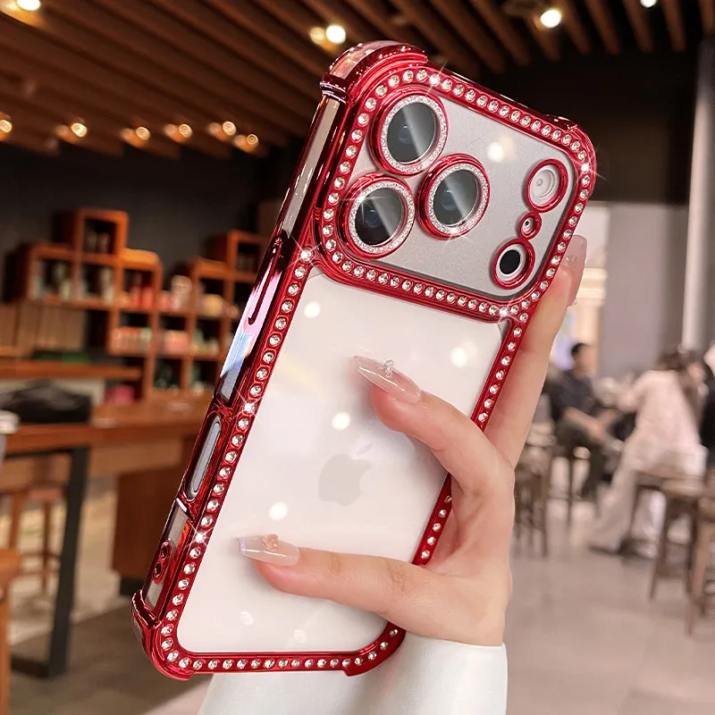 Capa Protetora Para Câmera (iphone 15 Pro Max Vermelho) Com Proteção Contra Quedas Por Airbag, Transparente