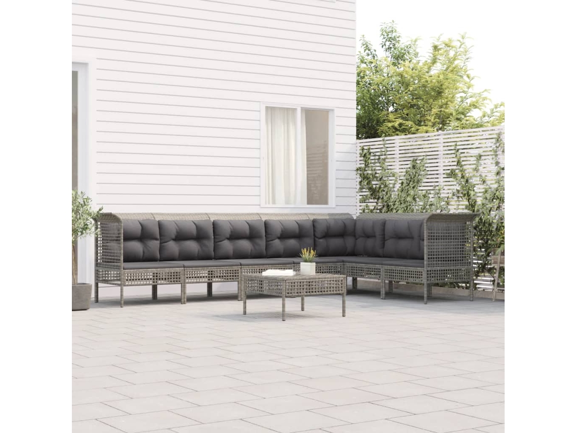 8 Pcs Conjunto Lounge De Jardim C/ Almofadões Vime Pe Cinzento Dkd Home Decor